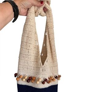 70's/ 80's Handcrafted Beige and Navy Crochet Bag With Beaded Detail.